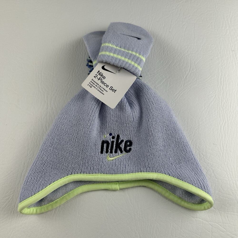 Nike Infant 2 Piece Knit Hat Gloves Set Gray Neon Green Logo NWT - Picture 2 of 6